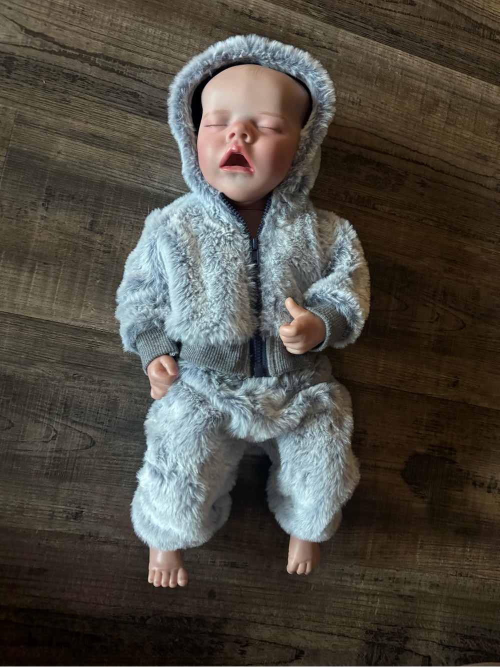 Newborn baby girl doll with Plush Hooded Baby Doll Outfit - Soft Light Gray